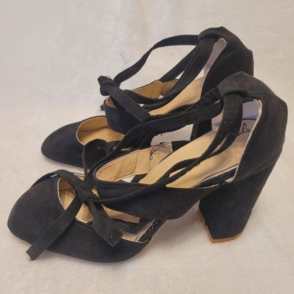 Black Suede Lace Up Block Heel Dress Shoes Sz 8.5 EU 39 Women’s Round Toe Pumps - Picture 6 of 9
